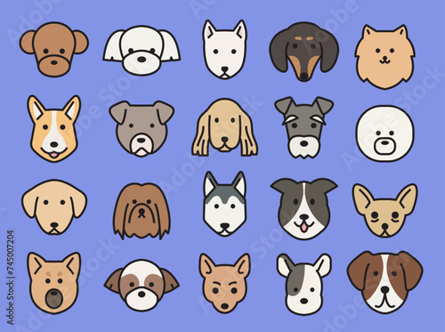 Flat outline style illustration of various dog faces. 