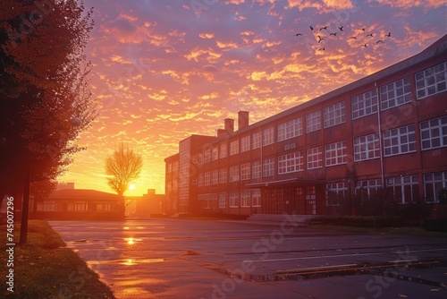 Sunrise bathes the school in warm light, marking the hopeful start of students' educational journey.
