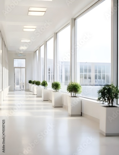 White hall office or clinic building with windows  light blurry bokeh background Generative AI