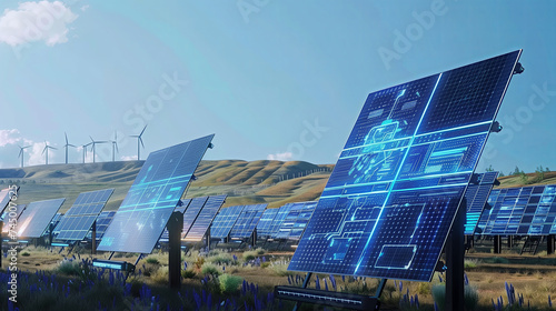 A futuristic solar farm, where smart solar panels equipped with AI technology automatically adjust angles to capture sunlight. A digital screen showing real-time analytics and efficiency improvements.