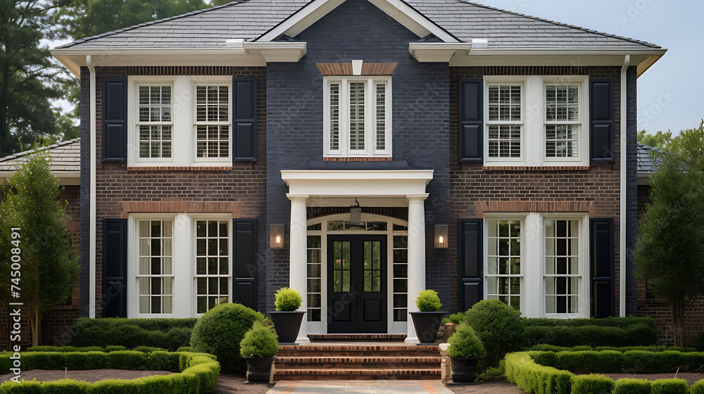 An image of a suburban home with colonial-style double doors and a brick exterior.