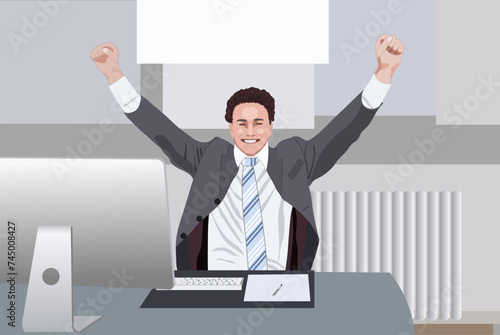 Smiling young man in the office workplace raised his hands and rejoiced at his success. Vector illustration.