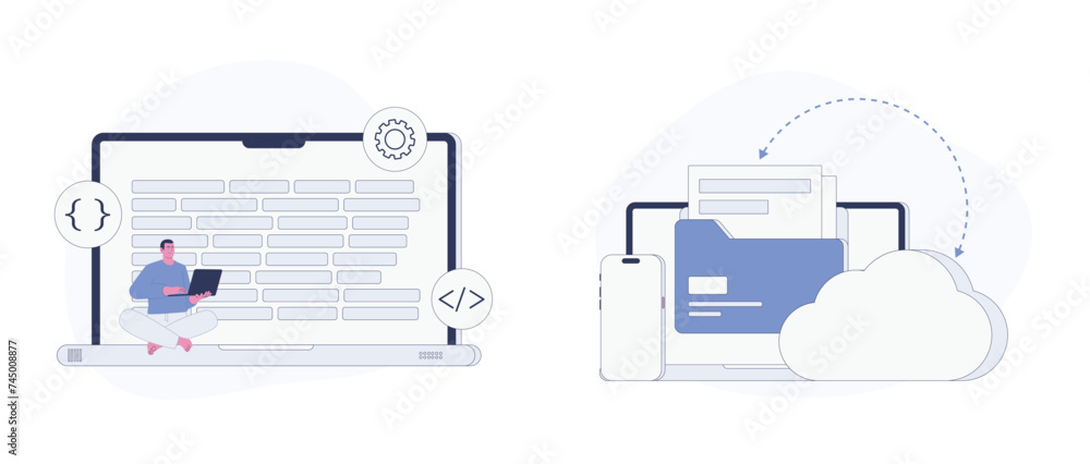 Software Development and Cloud Technology. Flat Cartoon Vector ...