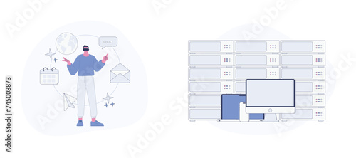 Virtual Reality and Data Center. Flat Cartoon Vector Illustration. Vector illustration, suitable for web landing page, ui, mobile app.