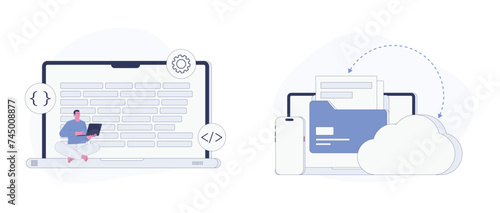 Software Development and Cloud Technology. Flat Cartoon Vector Illustration. Vector illustration, suitable for web landing page, ui, mobile app.