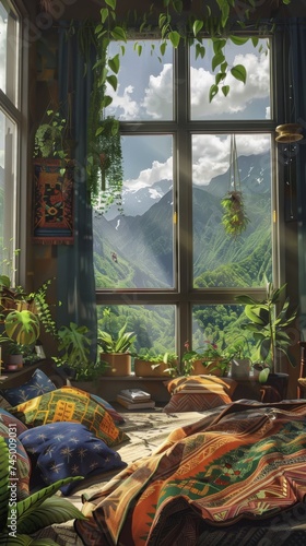 A bedroom with a bed and a window with a mountain view
