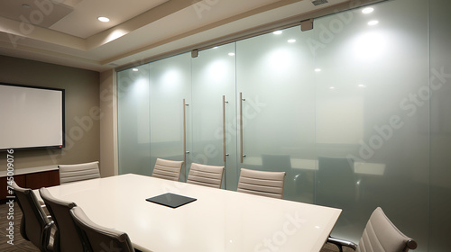 An office conference room with frosted glass doors for privacy. photo