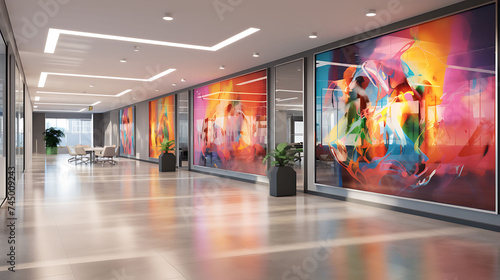 An office corridor with glass walls and digital artwork displays. © Muhammad