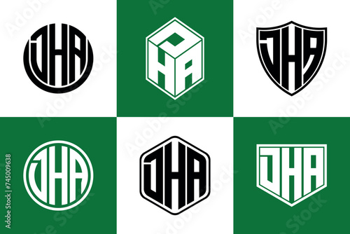 DHA initial letter geometric shape icon logo design vector. monogram, letter mark, circle, polygon, shield, symbol, emblem, elegant, abstract, wordmark, sign, art, typography, icon, geometric, shape