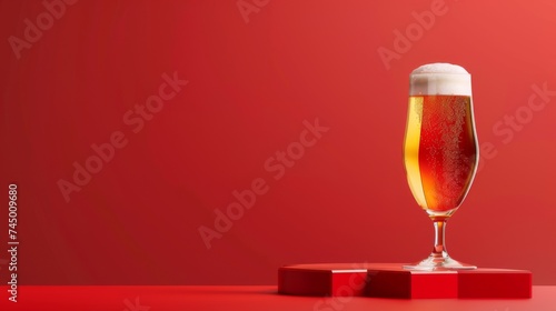 A glass of beer on a podium on a red background. Yellow liquid with bubbles and foam in a glass.