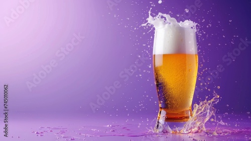 A glass of beer on a purple background. Yellow liquid with bubbles and foam in a glass.