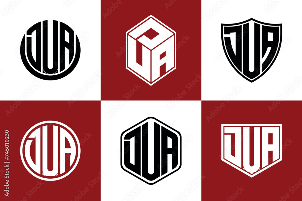 DUA initial letter geometric shape icon logo design vector. monogram, letter mark, circle, polygon, shield, symbol, emblem, elegant, abstract, wordmark, sign, art, typography, icon, geometric, shape