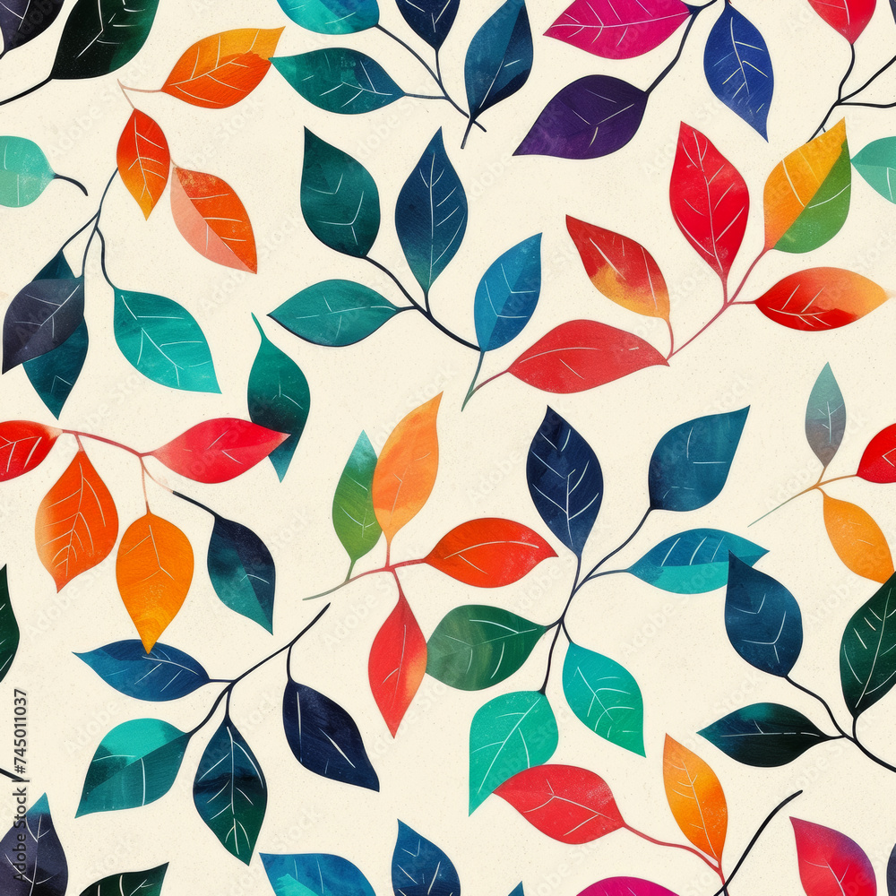 Fototapeta premium A stunning seamless pattern featuring beautiful leaf motifs in a watercolor style, perfect for backgrounds, textiles, and wallpapers.