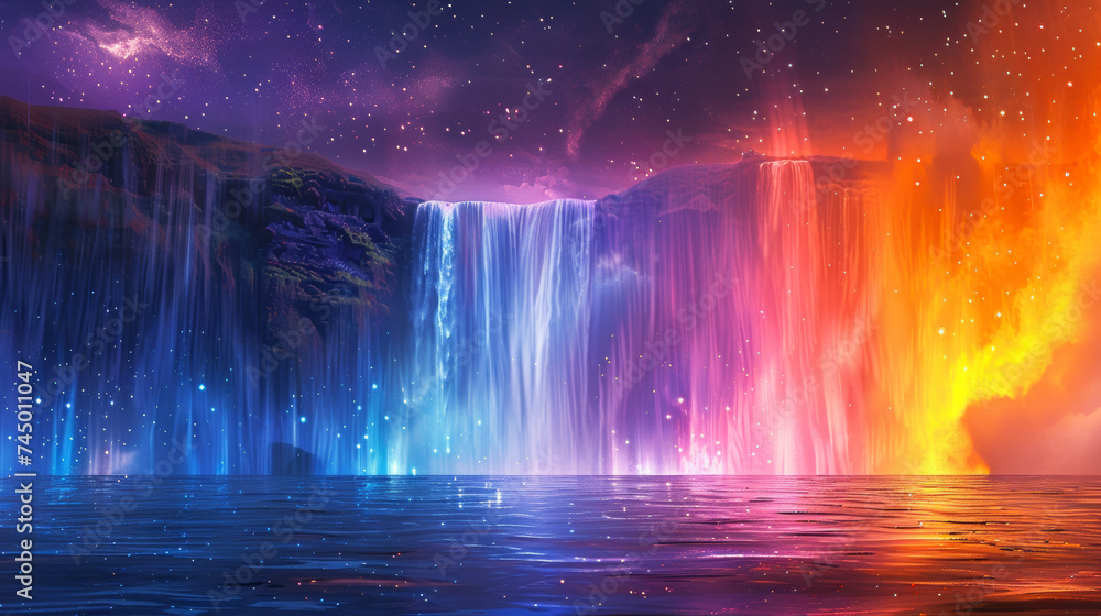 Stunning art piece featuring a neon gradient rainbow waterfall with shimmering stars, in beautiful shades of light blue, turquoise, and purple.