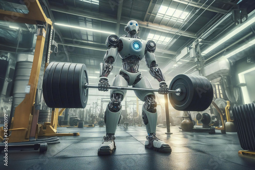 A sports robot performs bent-over rows with a heavy weight barbell.