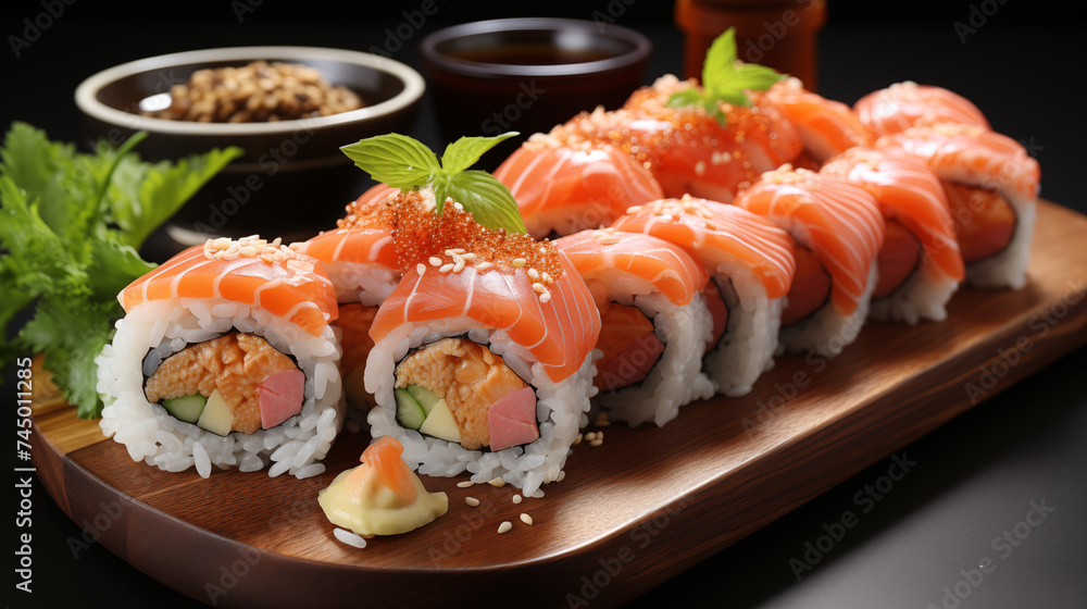 photograph salmon sushi on a wooden plate photograph salmon sushi on a wooden plate