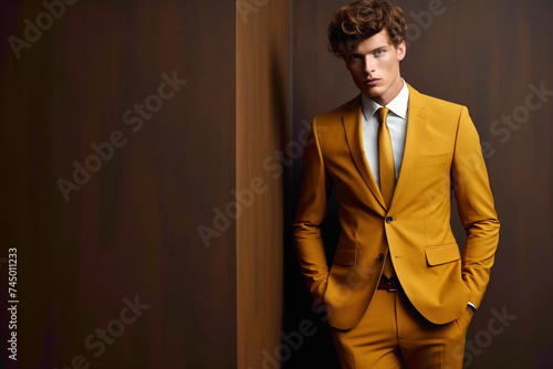 Charismatic male model in a bold ochre suit, exuding confidence against a contemporary matte silver wall.