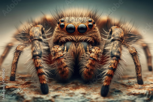 Macro picture of a spider with a web with large eyes and paws.