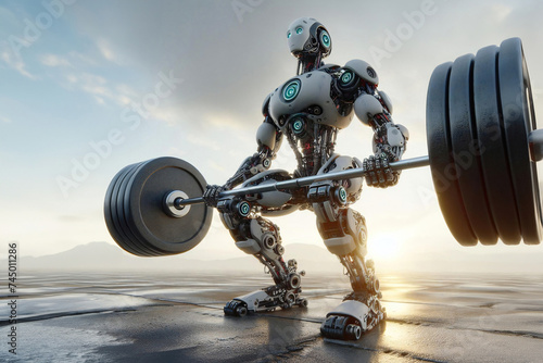 A sports robot performs bent-over rows with a heavy weight barbell.