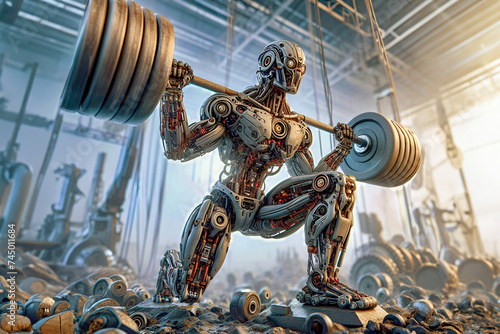 A robot with a barbell on its shoulders lunges forward in the gym.