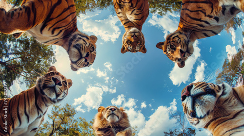 Bottom view of tigers standing in a circle against the sky. An unusual look at animals. Animal looking at camera