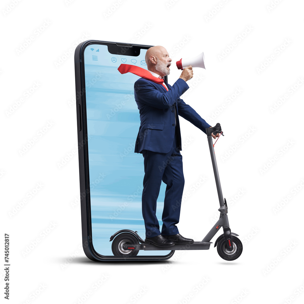 Businessman on scooter coming out from a smartphone Businessman on scooter coming out from a smartphone
