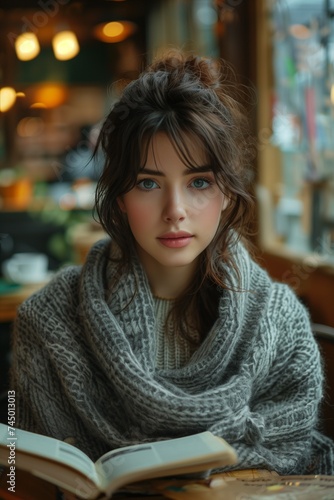 Young Woman Immersed in Reading Amidst Cafe Ambiance