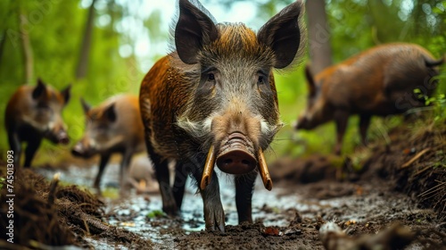 entertaining scene of wild boars frolicking in the mud, emphasizing their energetic antics and distinct tusked profiles photo
