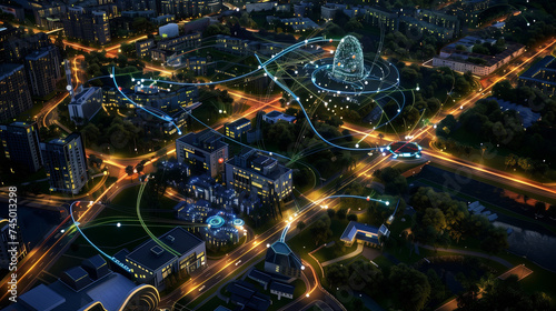 Aerial view of a city at dusk, illuminated by lights powered by a smart grid integrating multiple alternative energy sources, managed by AI technology, reflecting a blend of technology and urban life.