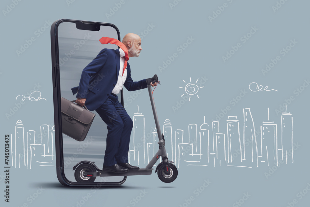 Businessman riding a scooter and coming out from a smartphone Businessman riding a scooter and coming out from a smartphone