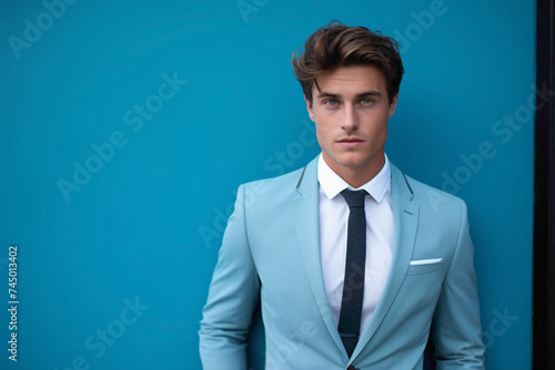 Standing against a light blue wall, a young model in business attire captivates with his refined appearance and perfect hairstyle. His demeanor exudes confidence and grace.