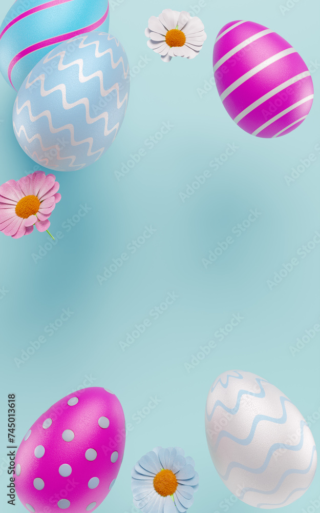 Easter card frame border made of eggs and flowers. 3D rendering