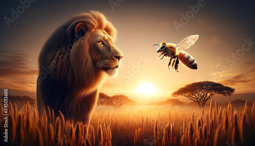 
The image portrays a majestic lion in profile with a bee hovering nearby, set against a golden savannah sunset backdrop with acacia trees.Animals behaving concept.AI generated. photo