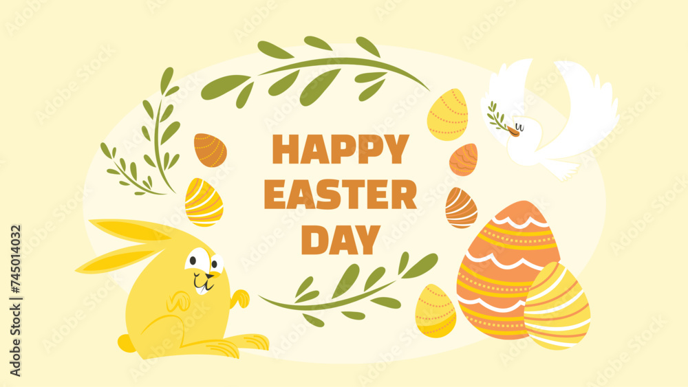 Yellow happy Easter Day Background with Easter Eggs /  Easter Rabbit.