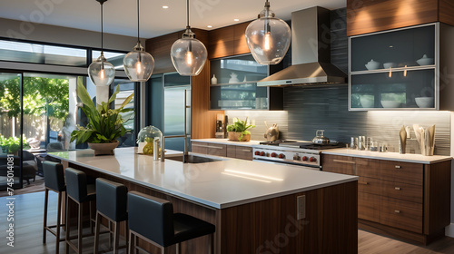A contemporary kitchen with a glass tile backsplash and pendant lights.