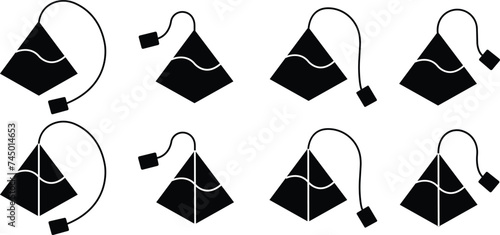 Set of Pyramid tea bag icons in fill styles. Triangle paper tea bag on transparent background. Tea, tag, herb, organic beverage signs. Breakfast drink concepts. Symbols element for web design and app.
