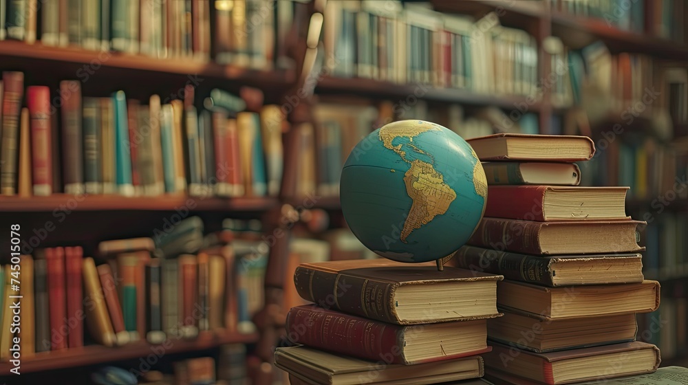World Book day with stack book in library background. Book and globe. Bright colors. The concept for World Book Day background with copy space area for text. Happy Book Day. World Book day with stack book in library background. Book and globe. Bright colors. The concept for World Book Day background with copy space area for text. Happy Book Day.