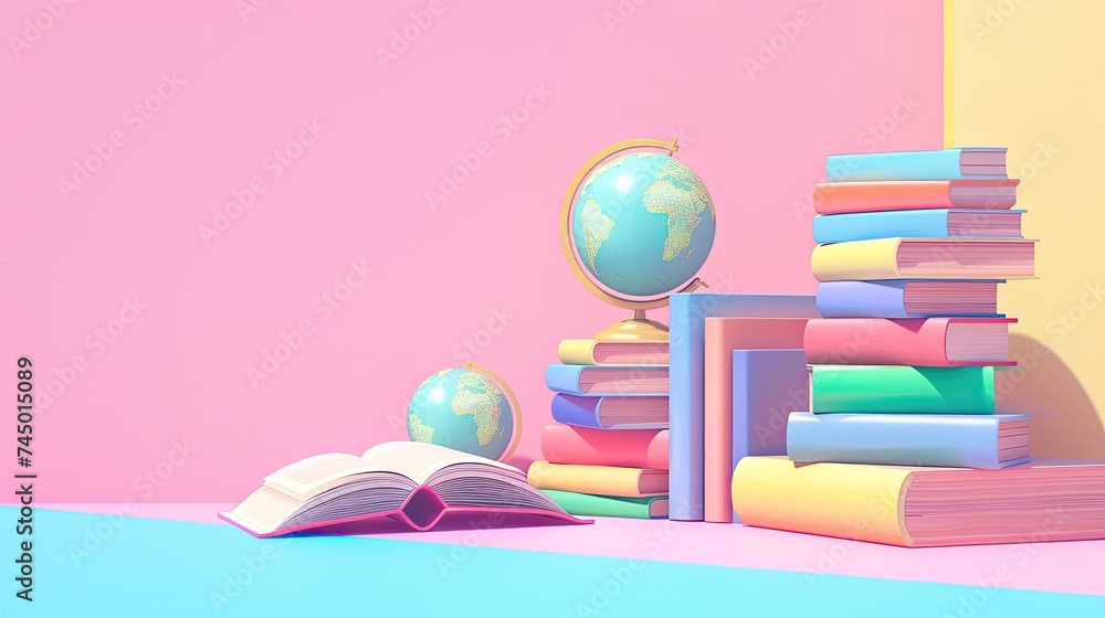World Book day with stack book in library background. Book and globe. Bright colors. The concept for World Book Day background with copy space area for text. Happy Book Day. World Book day with stack book in library background. Book and globe. Bright colors. The concept for World Book Day background with copy space area for text. Happy Book Day.