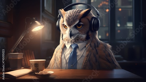 A sophisticated owl in a bowtie and suspenders, sipping coffee and listening to music through elegant over-ear headphones in a cozy library