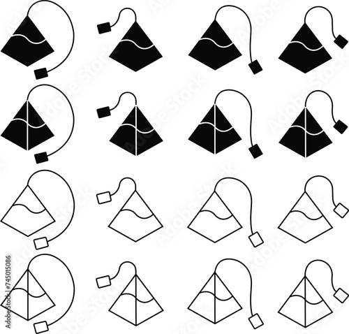 Set of Pyramid tea bag icons in flat styles editable stock. Triangle paper bag on transparent background. Tag, herb, organic beverage signs. Breakfast drink concepts. Symbols element for web designs.