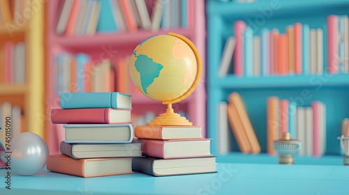 World Book day with stack book in library background. Book and globe. Bright colors. The concept for World Book Day background with copy space area for text. Happy Book Day.