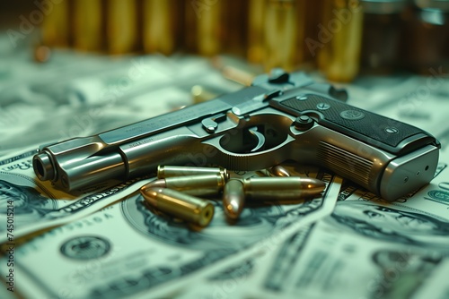 A Gun and bullets on top of a pile of 100 dollar bills photo