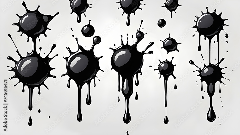 Black dripping ink. Isolated spots of paint, floating oil blots vector ...