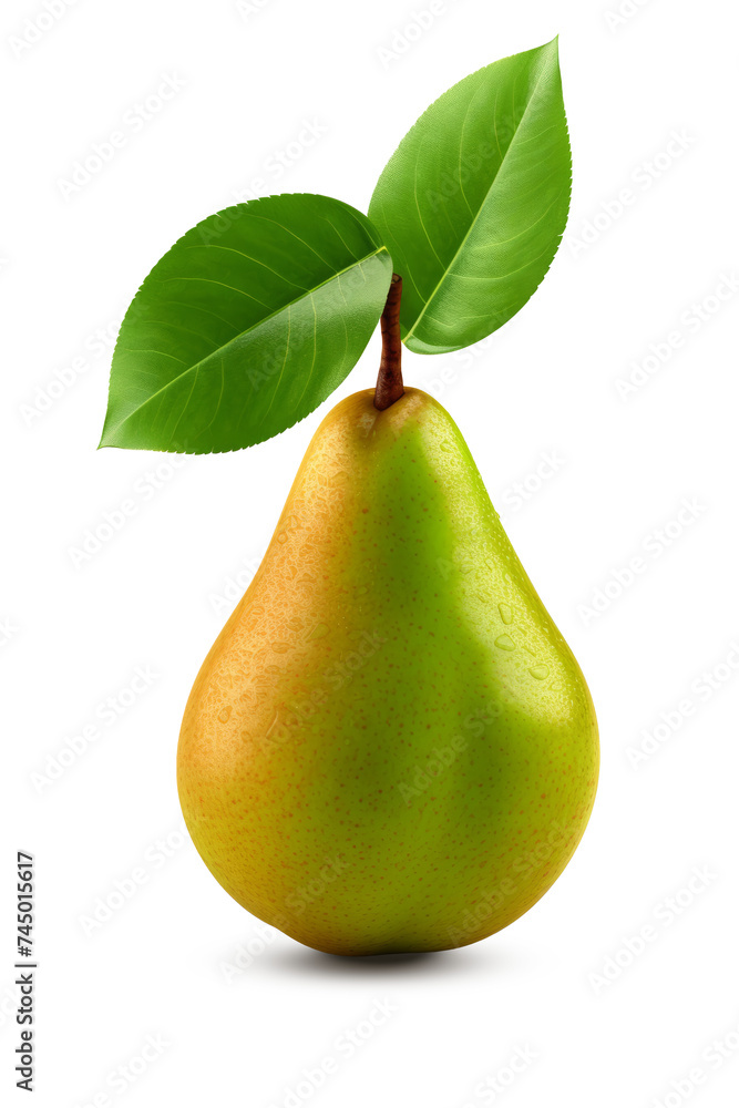 A fresh, ripe Williams Pear with leaves, isolated on transparent background A fresh, ripe Williams Pear with leaves, isolated on transparent background