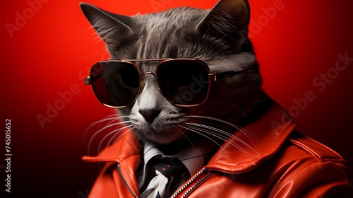 A stylish cat dons a fashionable dress and trendy sunglasses  exuding confidence against a vivid red backdrop. Its modern fashion choices and cute charm make it a true trendsetter
