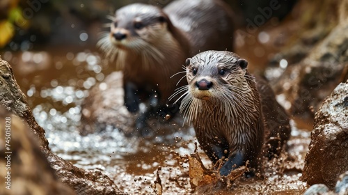 heartwarming image of playful otters splashing around in a mud pool, emphasizing their sleek bodies and social bonds © Tina