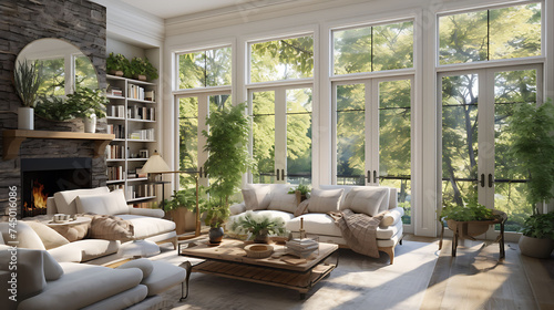 A living room with a wall of windows overlooking a garden and a cozy fireplace. © Muhammad