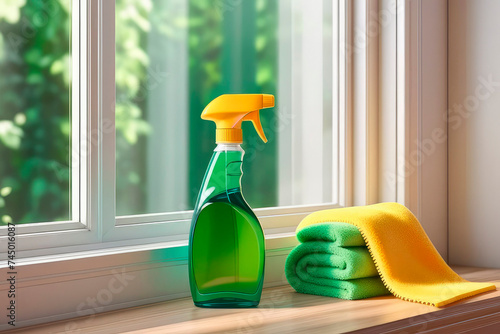 Different cleaning supplies over window background.