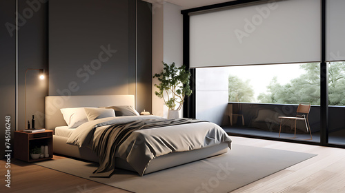 A modern bedroom with a corner window and blackout roller shades. © Muhammad