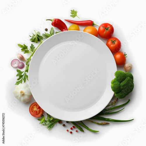 A white plate is surrounded by fresh vegetables on a white background